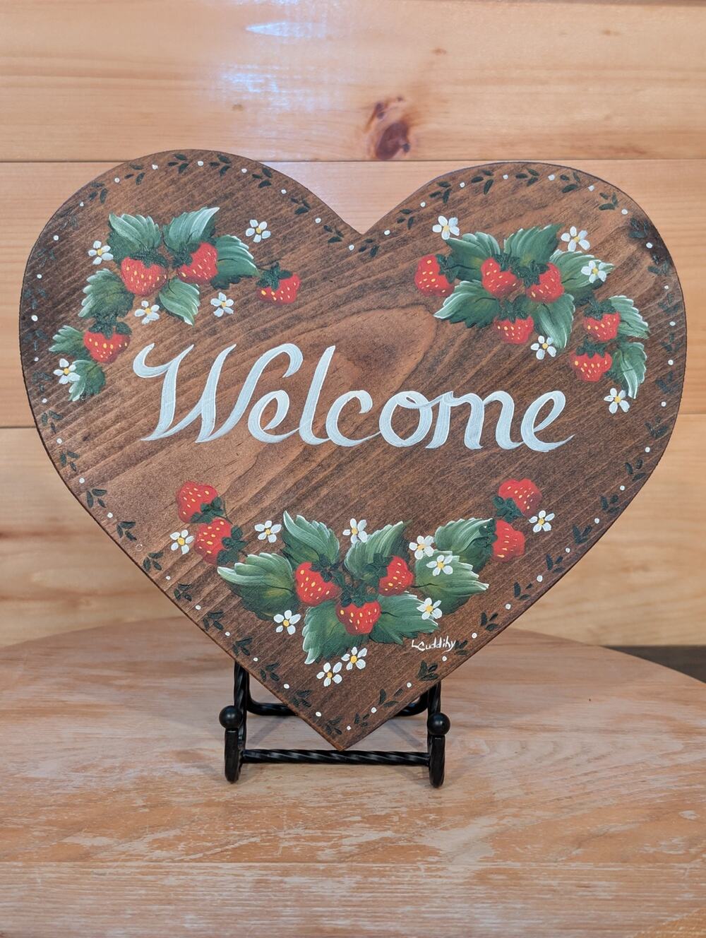 Hand Painted Vintage 80s Strawberry Welcome Heart Wood Sign Signed Folk Art